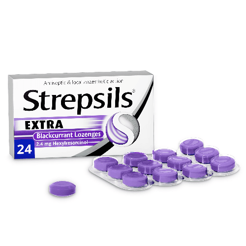 قرص ستريبسيلس إكسترا بنكهة الكشمش الأسود 24 قرص — Strepsils | صيدلية بشرى، قطر